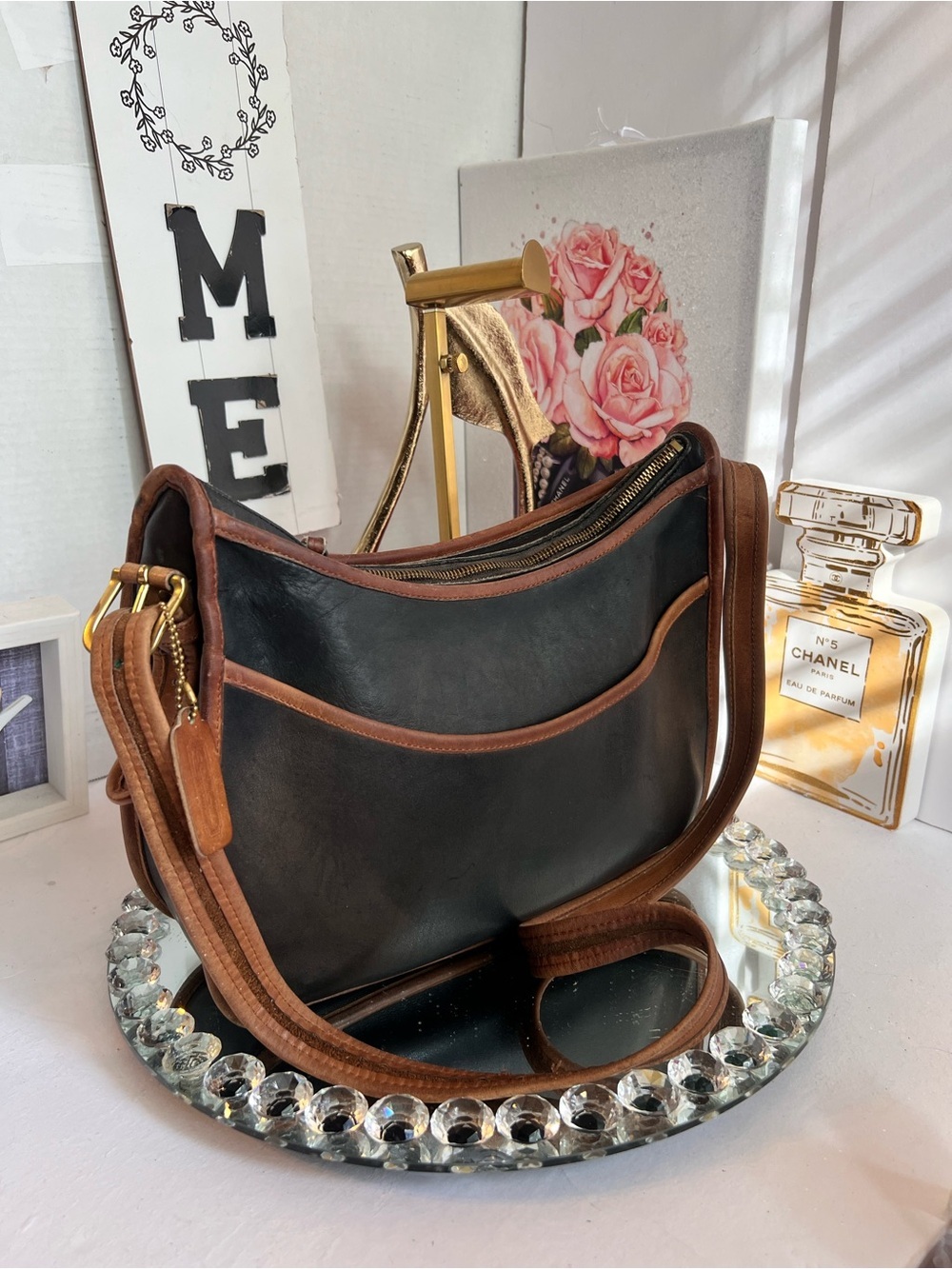 Coach vintage Black and British Tan Leather Pu Hobo Messenger Bag #0596-909 - Picture 13 of 17